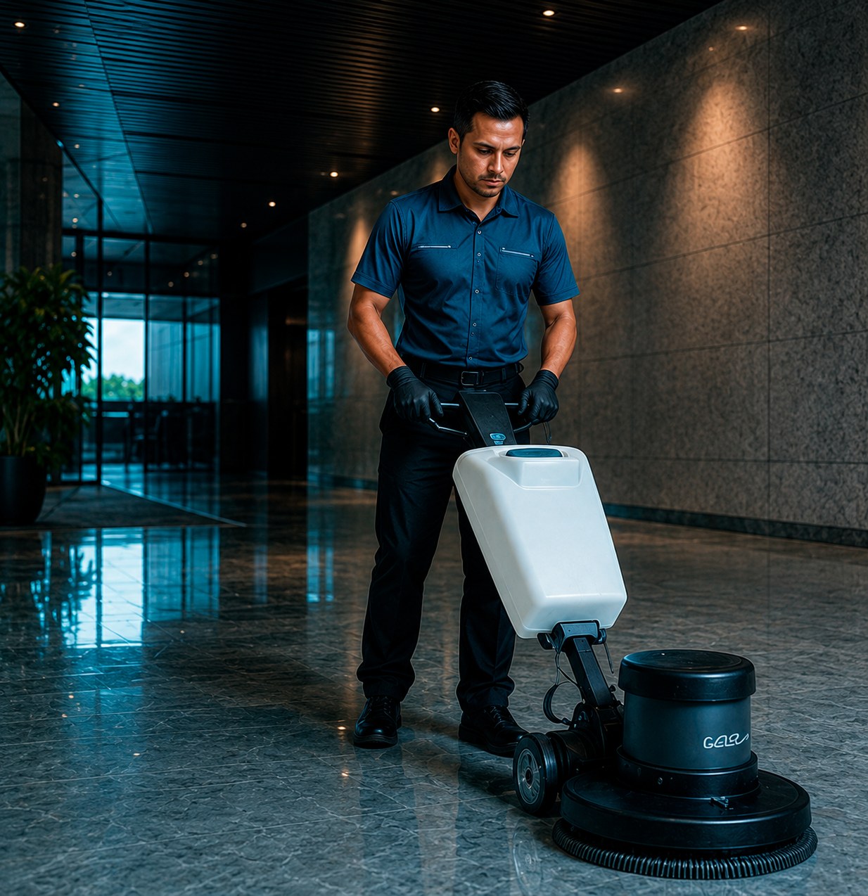 Maquina pulidora profesional trabajando sobre piso de alto transito